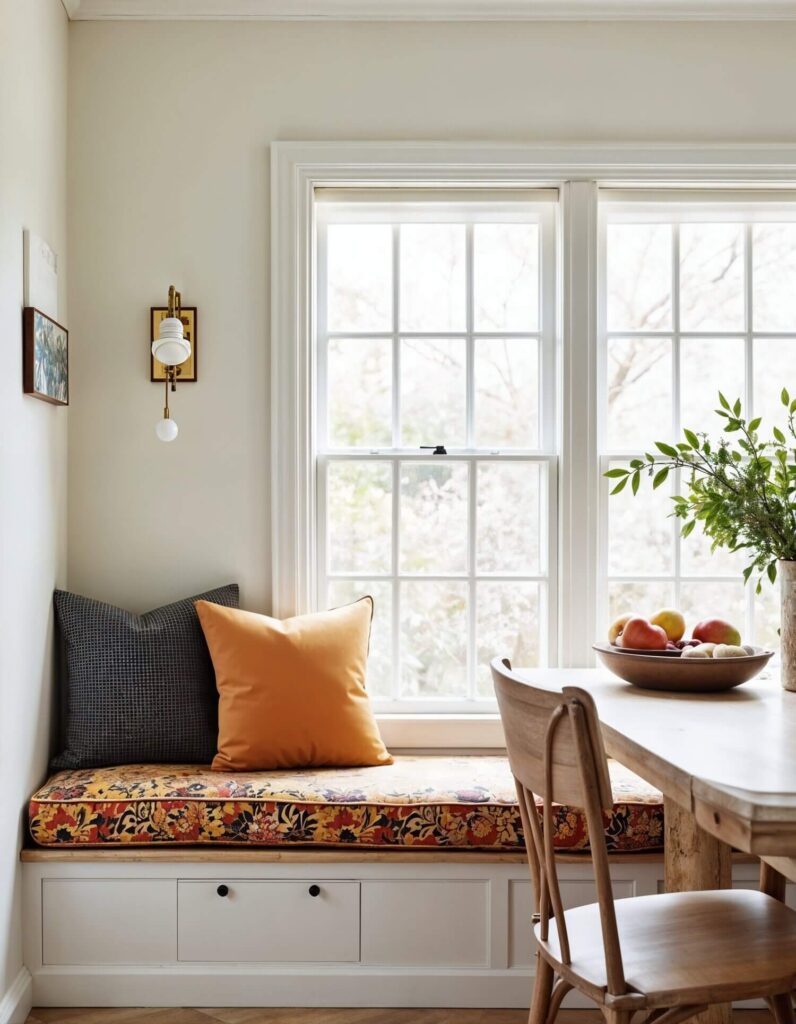 Cozy window nook with a cushion in African print textile, mustard and dark pillow, beside large window. Wooden chair, table, fruit bowl, leafy vase nearby. Bright and inviting.