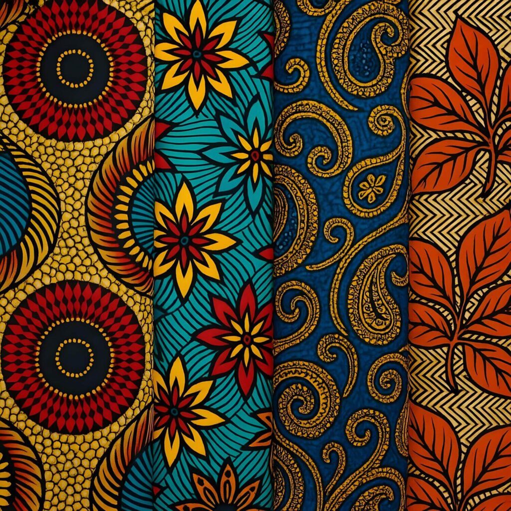 Examples of Kitenge print textiles in vibrant colors such as yellow, red, turquoise and orange
