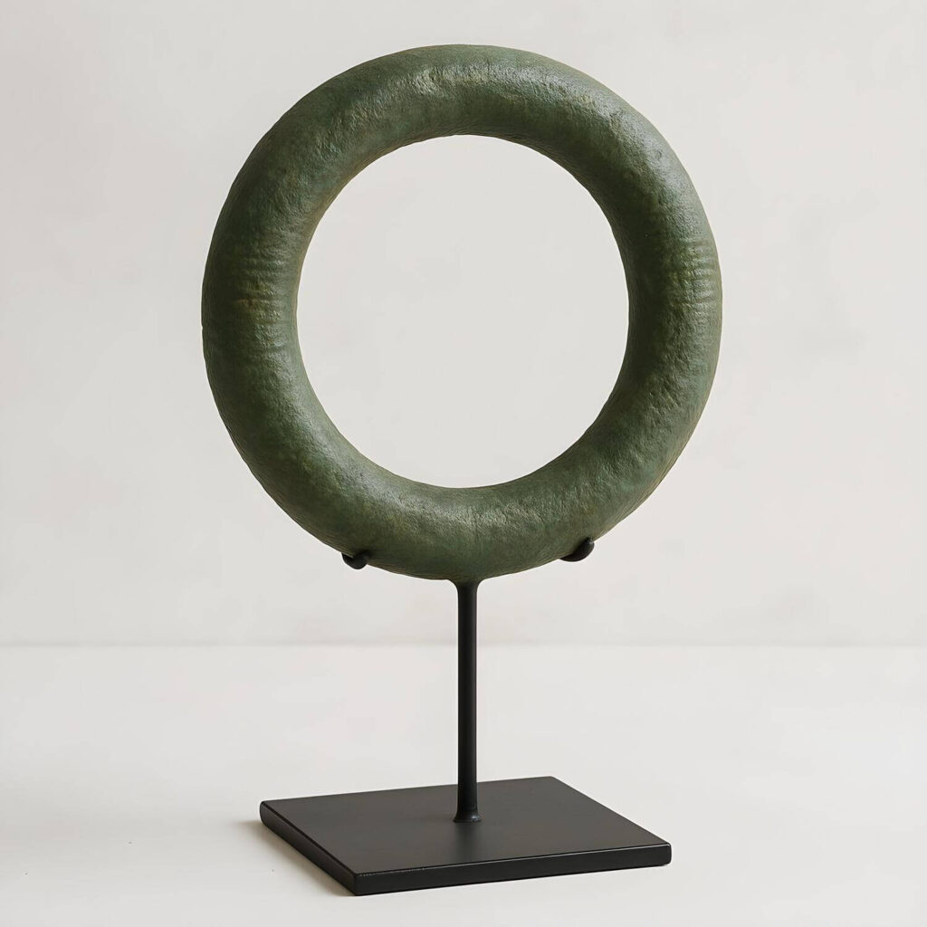 A green bronze bangle in a circular shape on a black metal stand against a plain white background. The texture is smooth, evoking a sense of balance and calm.