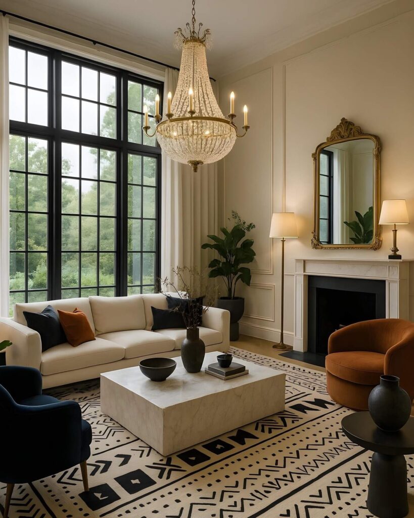 A luxury living room with high-end furniture, a marble coffee table, tall glass windows, a luxury chandelier, a golden-framed mirror, and a stunning mud-cloth rug in white with black patterns.
