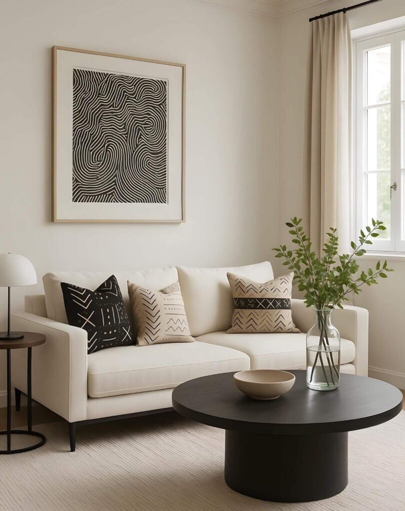 An elegant black and white living room with a white couch decorated with three black and white mud cloth throw pillows. It also has a black coffee table with a light ceramic bowl, a glass vase with branches of a plant in it, as well as a black and white artwork on the wall.
