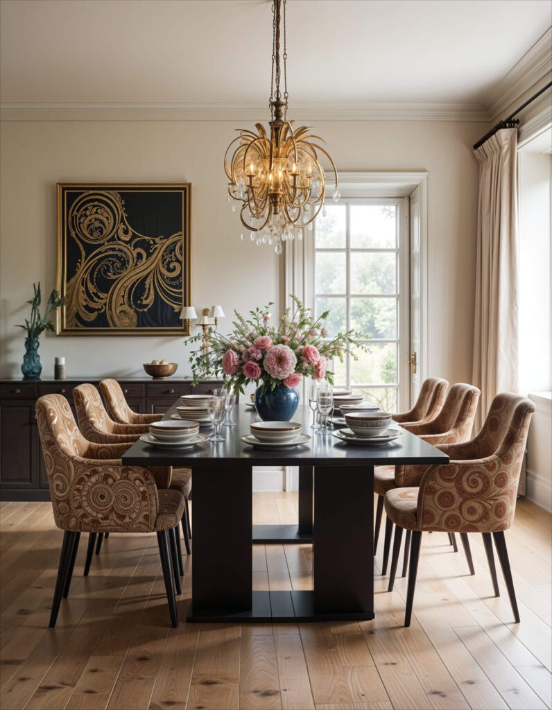 Luxurious dining room with an elegant chandelier, floral centerpiece on a dark table, Ankara print chairs, and framed art on a cream wall by a large window.