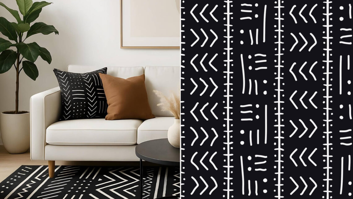 A wide image separated in two parts. The left part show a modern living room with an off white couch, a black mud cloth throw pillow, a brow throw pillow, a black and white mud cloth rug, a plant, a vase and an artwork. The right part is a close up on black and white African mud cloth patterns.
