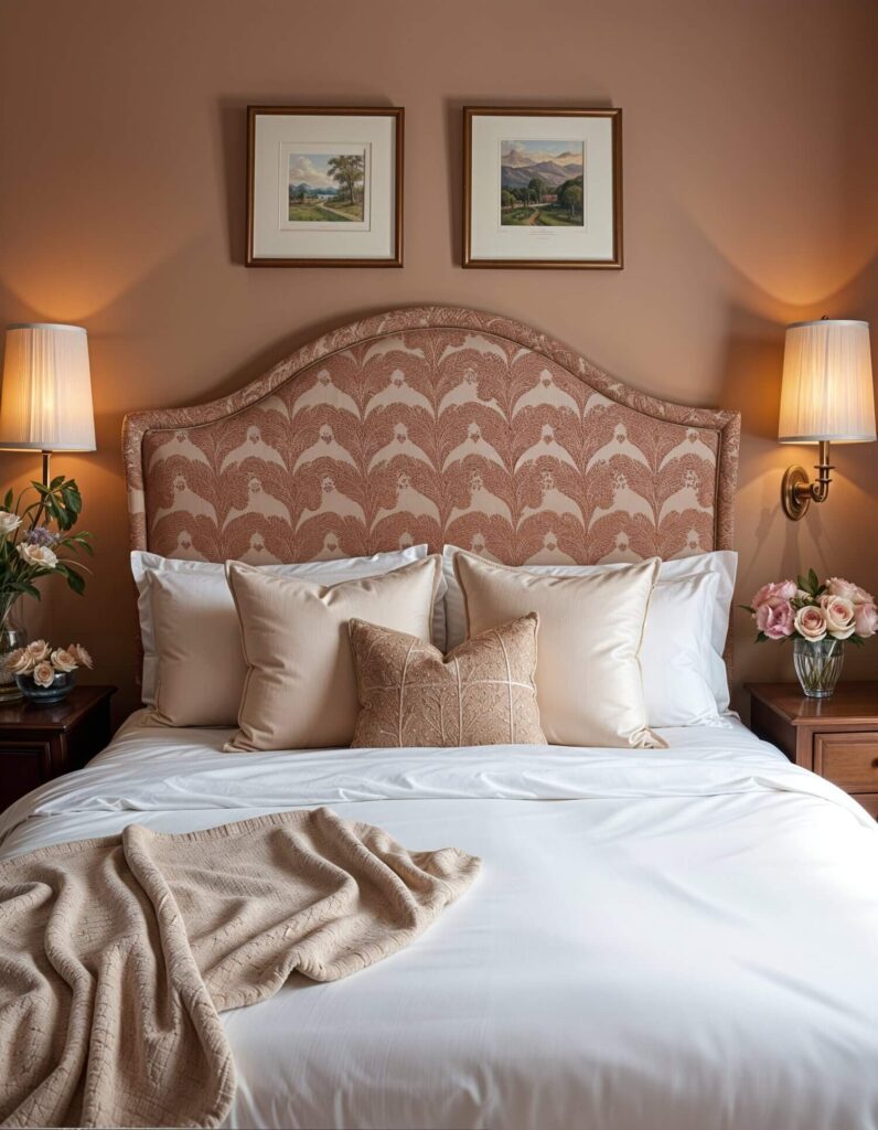Cozy bedroom with a patterned headboard and white bedding, accented by beige cushions and a blanket. Warm lamps and floral decor add elegance.