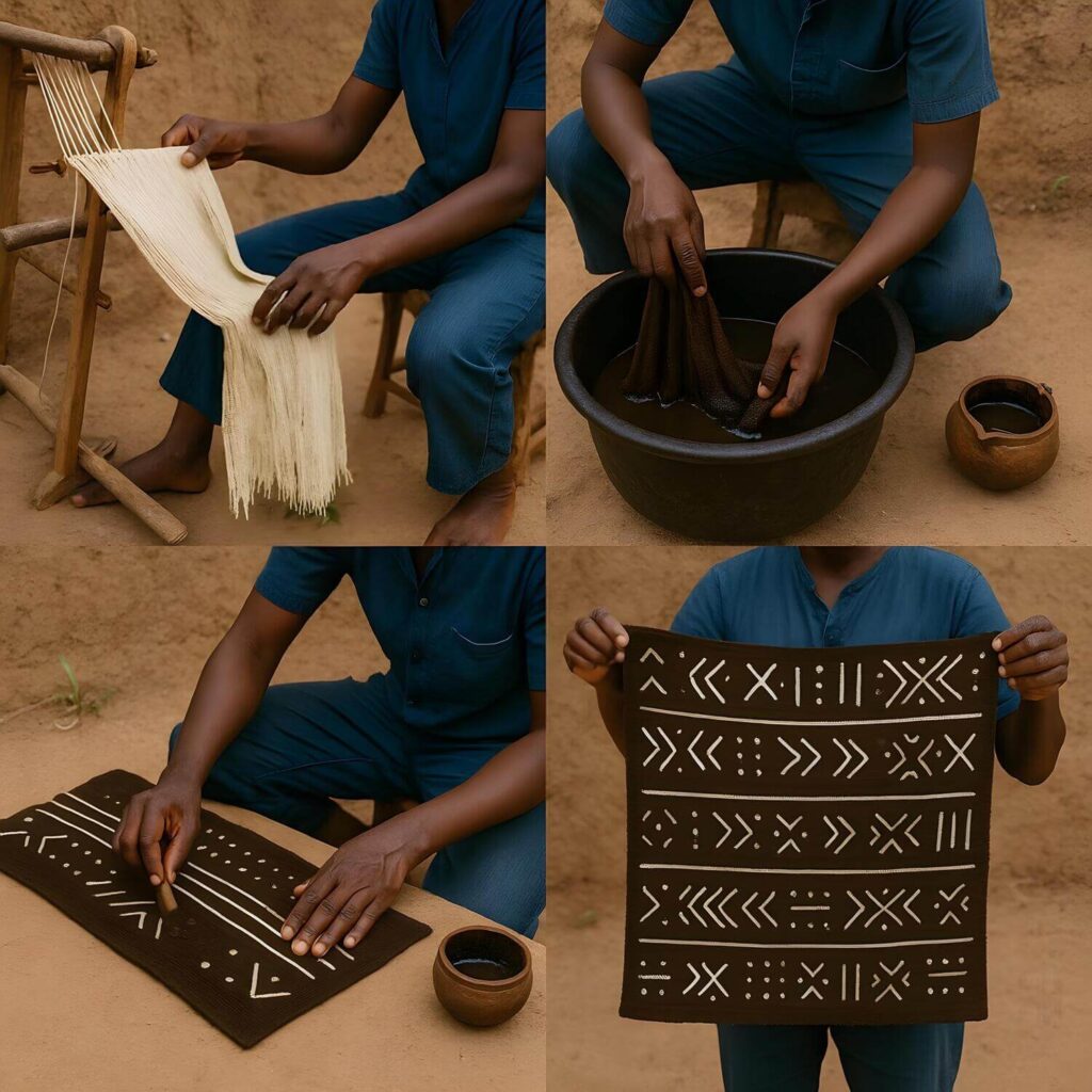 The process of making African mud cloth Bogolanfini in Mali