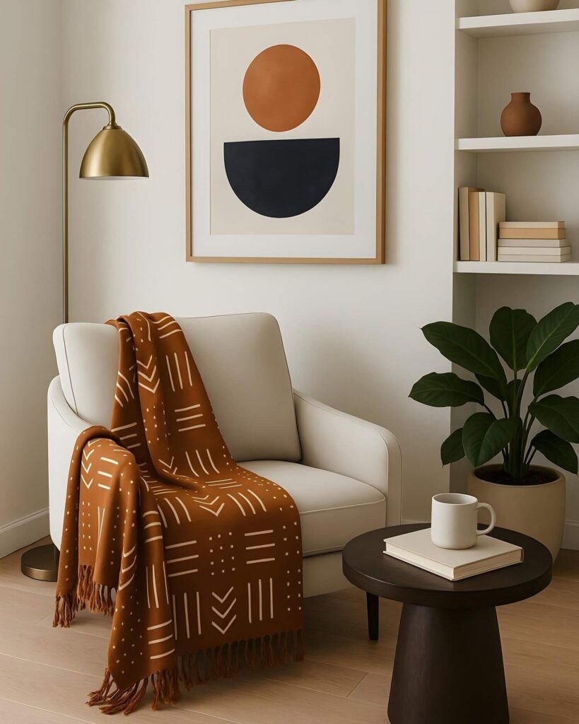 A cosy reading nook with an off-white coloured chair that has a beautiful earthy mudcloth throw on it. The room also has a golden brass floor lamp, a plant, a side table with a book and a coffee mug on it, and a tranquil abstract artwork.