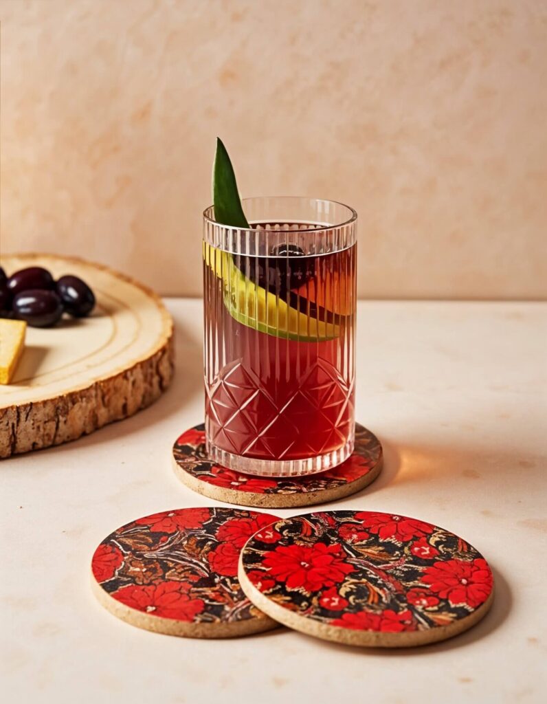 Tall glass with intricate patterns filled with a dark red drink and garnished with lime and leaves. It sits on a vibrant African floral coaster. Grapes and cheese on a wooden tray nearby.