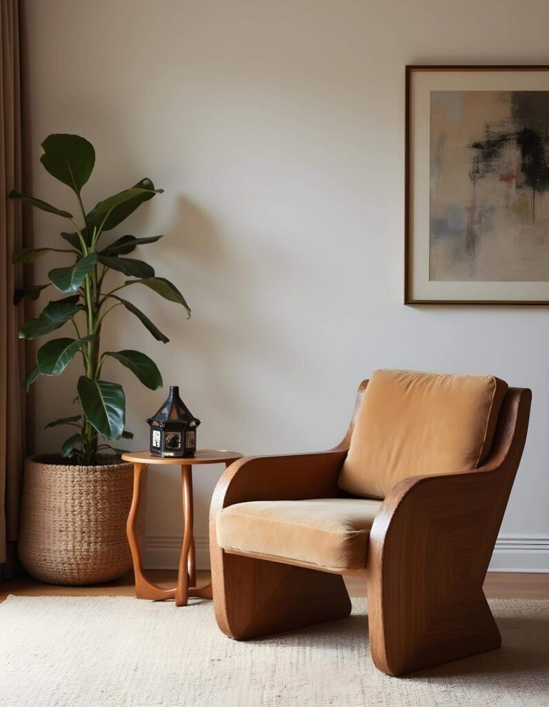 Cozy living space with a plush beige armchair beside a small wooden table holding a decorative lantern. A potted plant and abstract art enhance the serene decor.