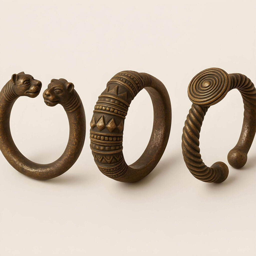 Three African bronze bangles on a beige background. One has panther heads, the second features geometric patterns, and the third has spiral designs.