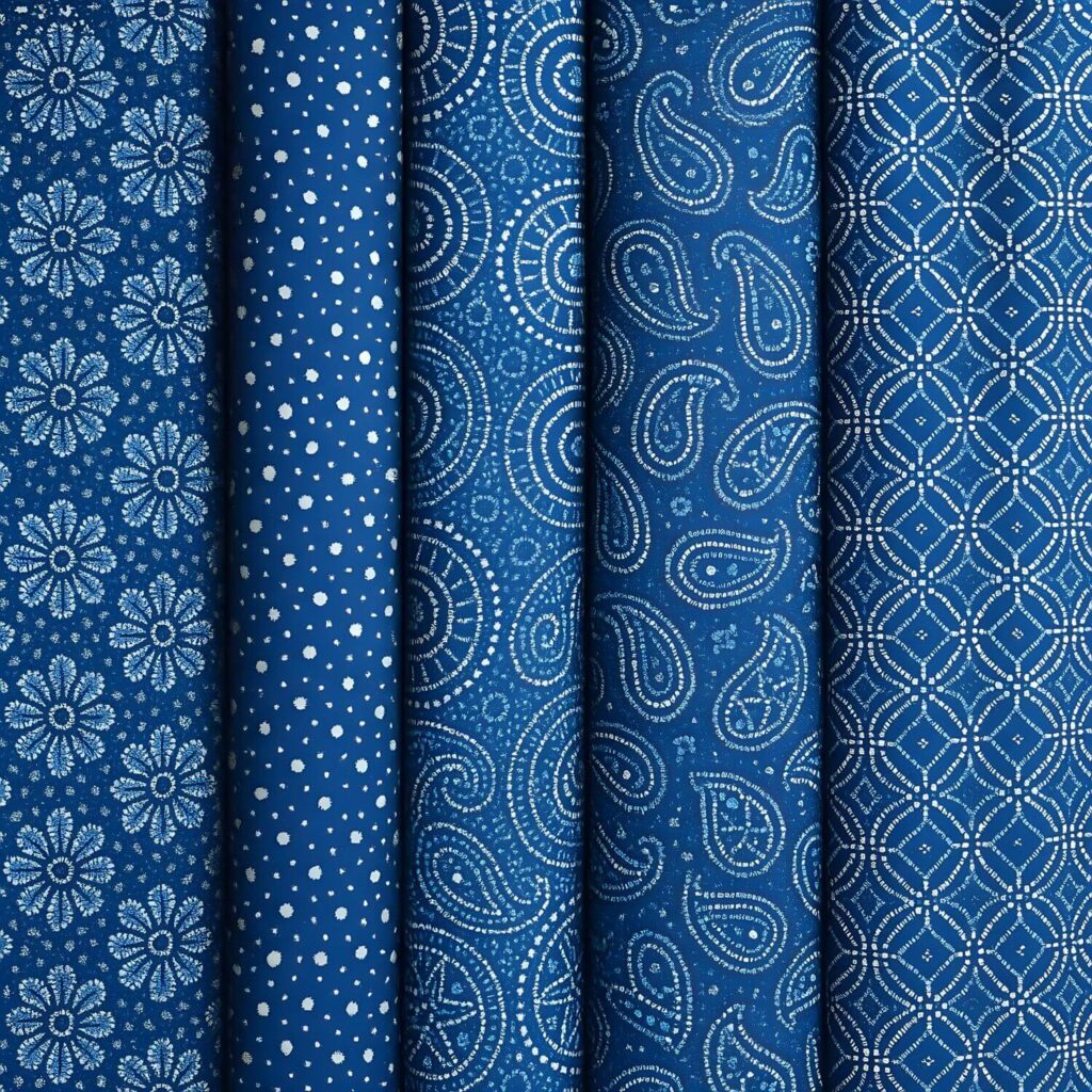 Multiple examples of gorgeous indigo blue Shweshwe print textiles
