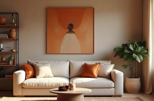 A bright and aesthetically pleasing African living room scene showcasing a simple living room wall design with an eye-catching piece of artwork and a decor shelf.