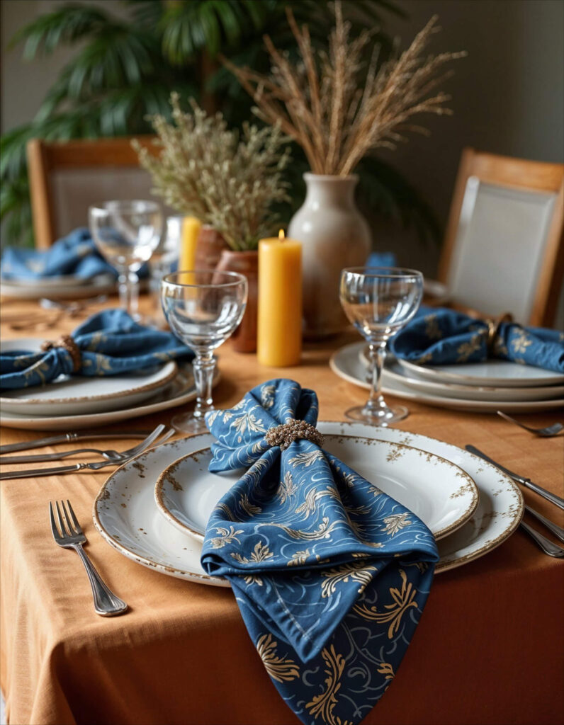 Elegant dining table with blue, gold-patterned napkins, white plates, and clear wine glasses on an orange tablecloth. Yellow candles and a vase create a warm ambiance.