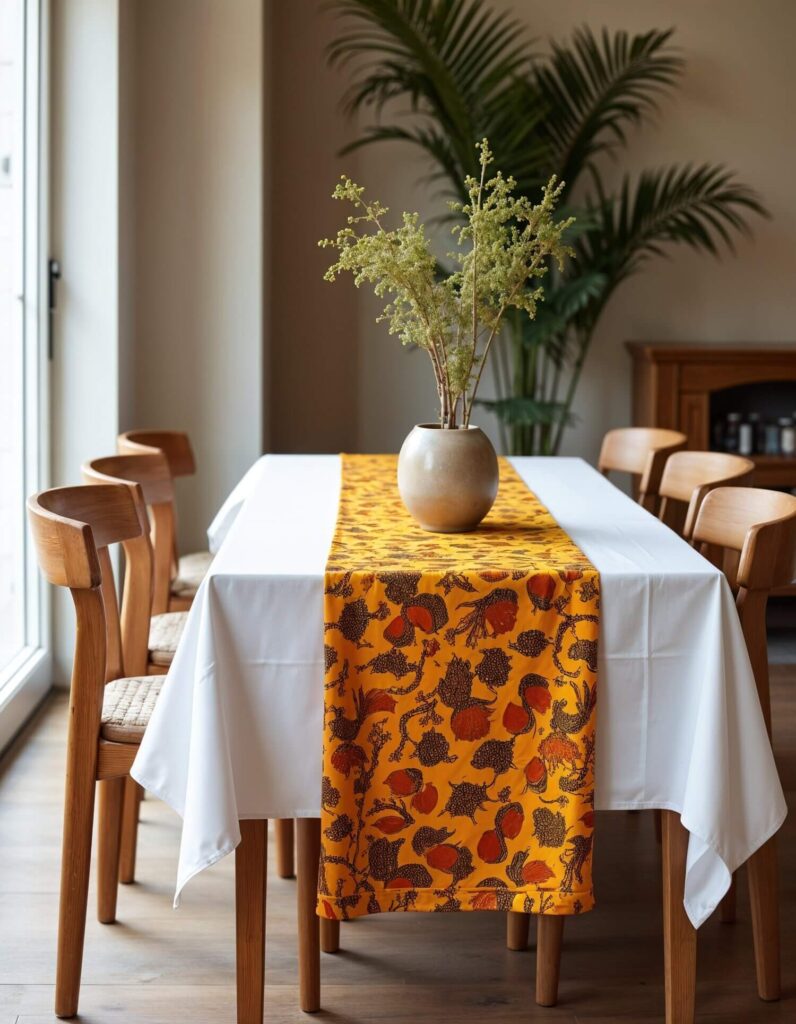 A dining table with a white tablecloth and vibrant orange patterned runner, topped with a round vase containing green foliage. Warm, inviting atmosphere.