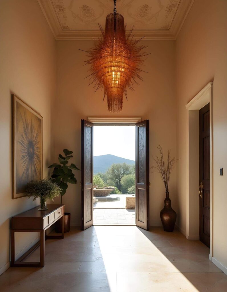 Bright foyer with an ornate chandelier and open wooden doors revealing a sunny outdoor view of mountains and trees. The decor of this creative interior includes a large vase and framed art.