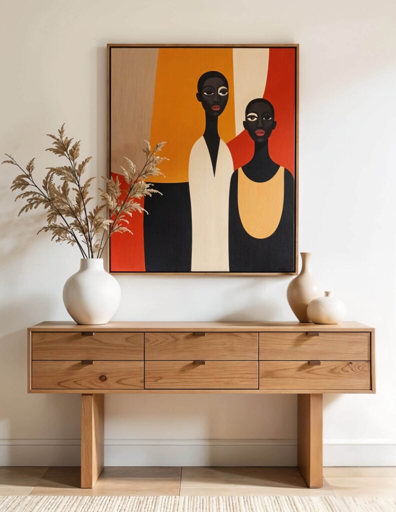 A minimalist room features a wooden console table with white vases and African wall art. Above the console, a vibrant abstract painting depicts two stylized figures against an orange and beige backdrop.