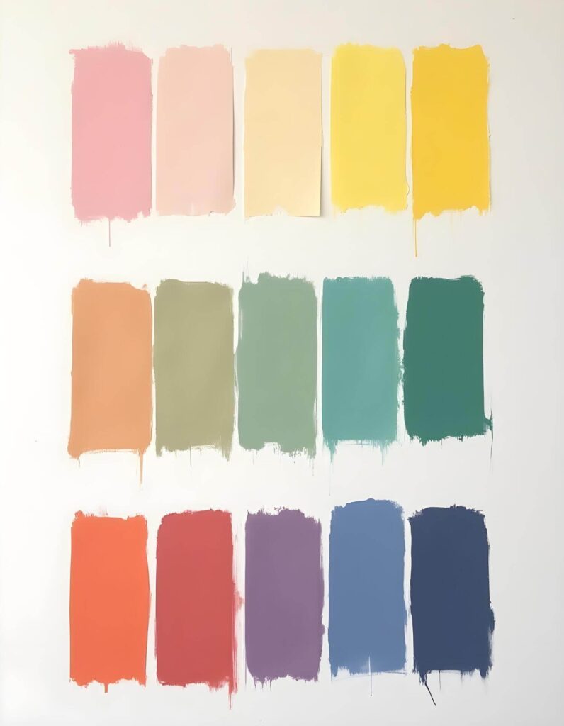 Three rows of colorful paint swatches on a white wall: pink, yellow, green, blue, orange, and purple. The swatches appear vibrant and artistic.