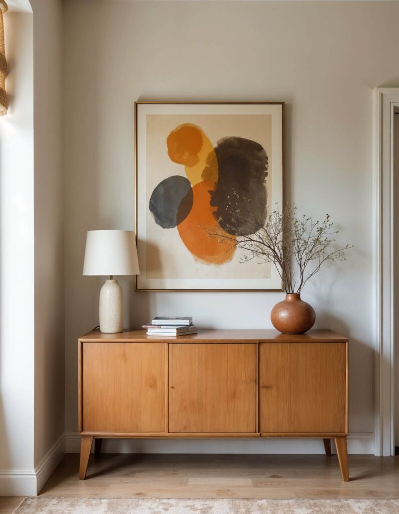 Wooden sideboard with lamp, stacked books, and a vase with branches. Abstract art with orange and dark gray circles hangs above, creating a calm, modern vibe.