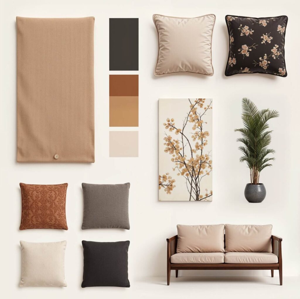 Neutral-toned mood board with cushions, fabric swatches, and a nature print, arranged with a potted plant and beige sofa, conveying a cozy, elegant vibe.
