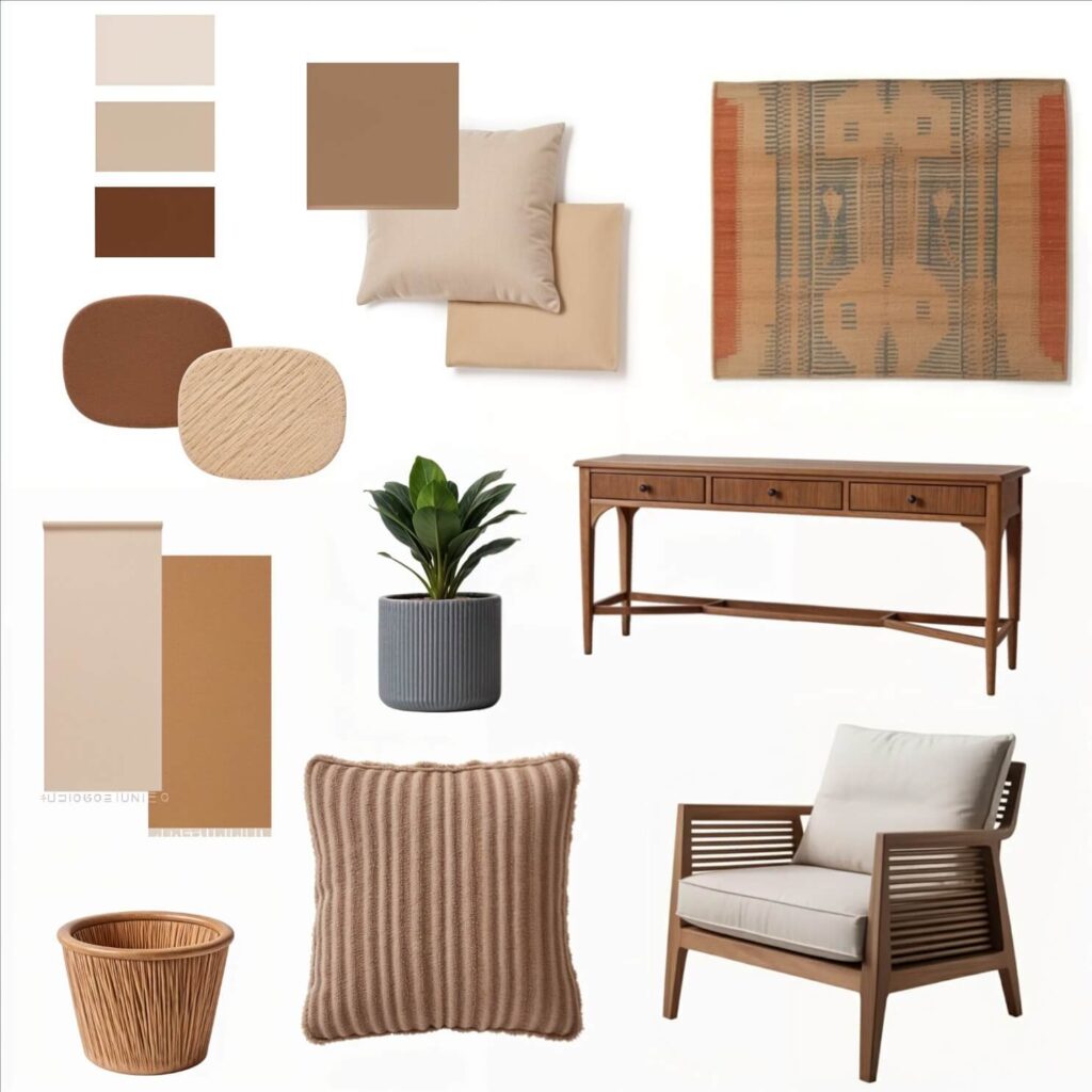 Collage of warm, earthy home decor items composing a small apartment interior decor moodboard: wooden console table, armchair, cushions, color swatches, potted plant, woven basket, and patterned textile.