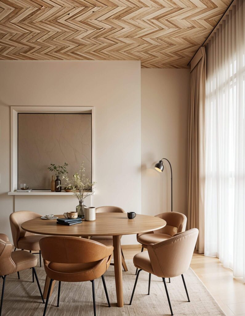Minimalist dining room with a round wooden table, six beige chairs, chevron wood-patterned wallpaper ceiling, sheer curtains, and a modern floor lamp. Cozy and elegant.
