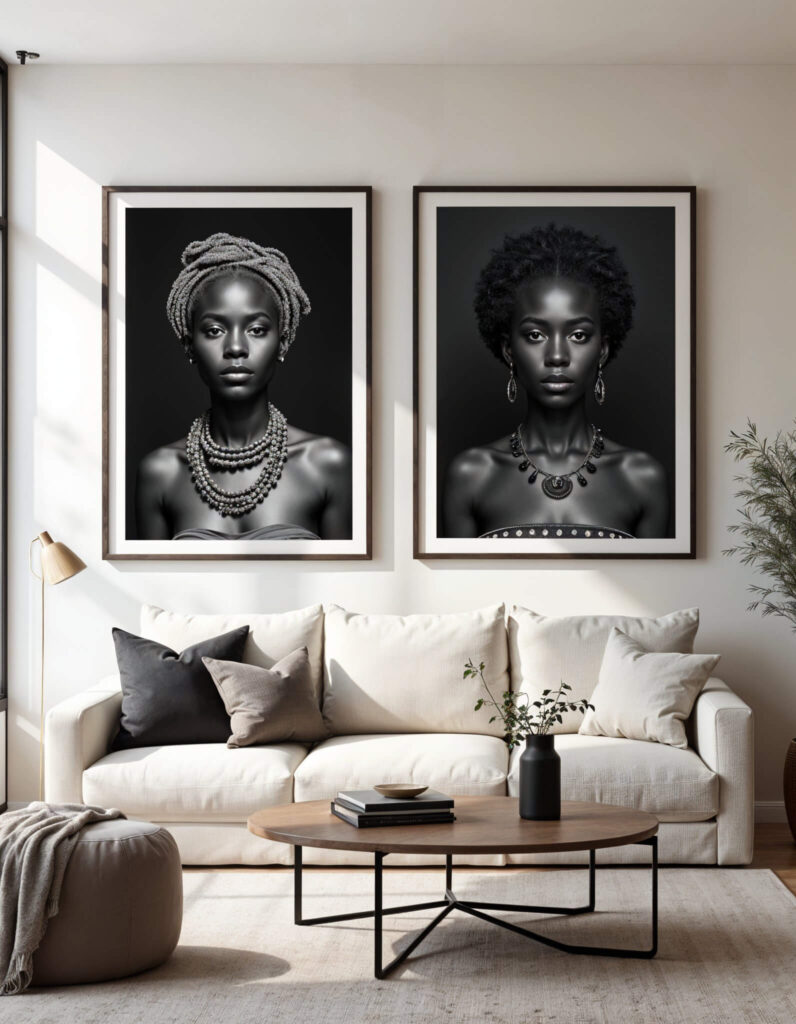 Two black-and-white portraits of African women with intricate hairstyles and jewelry hang above a modern cream sofa in a stylish living room with a cozy ambiance.