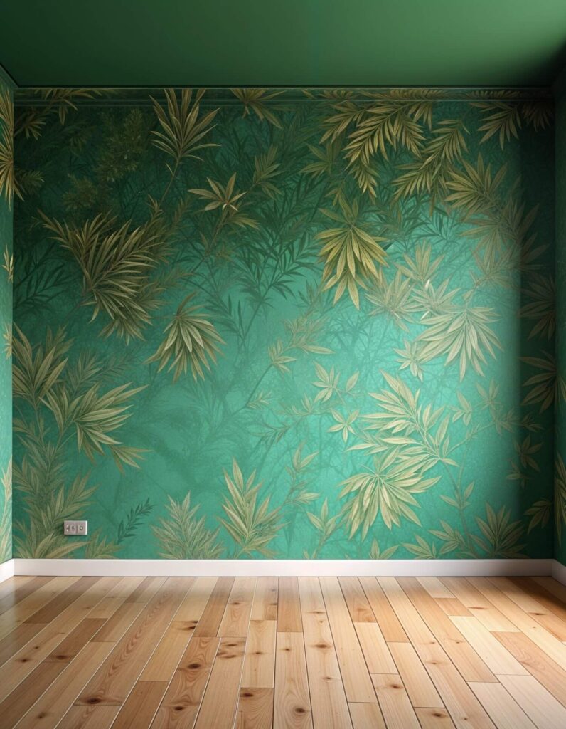 Empty room with light wood floor and walls featuring vibrant green and gold leaf-patterned wallpaper, and a ceiling painted green, creating a serene, nature-inspired ambiance.