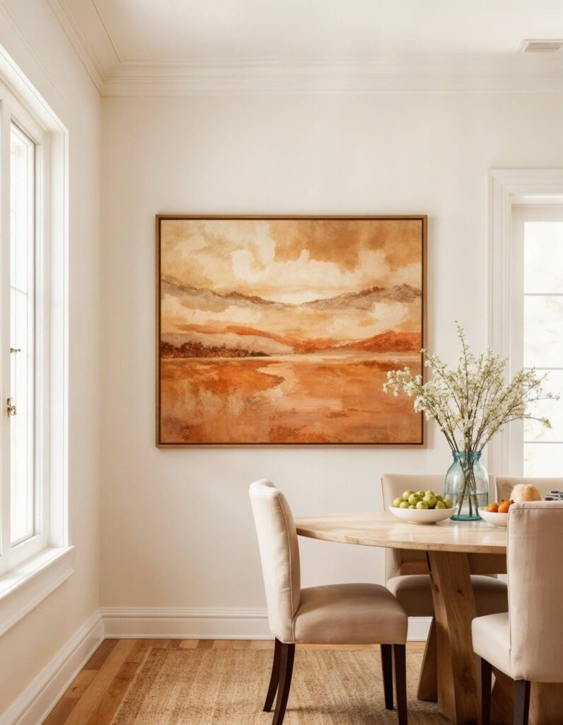 Bright dining room with a wooden table, beige chairs, and a large orange-toned landscape painting. Vase of flowers and fruit bowl add a cozy touch.