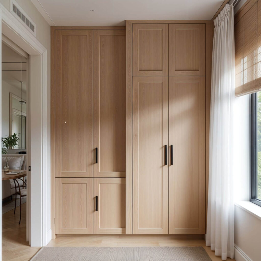 Tall light wood cupboards with black handles in a bright room. Sunlight filters through sheer curtains on the right, creating a calm, airy atmosphere.