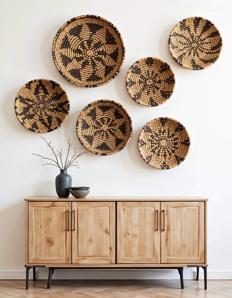 Wall-mounted woven African baskets with black and natural patterns above a light wood cabinet. A vase with branches and a bowl add minimalistic decor.
