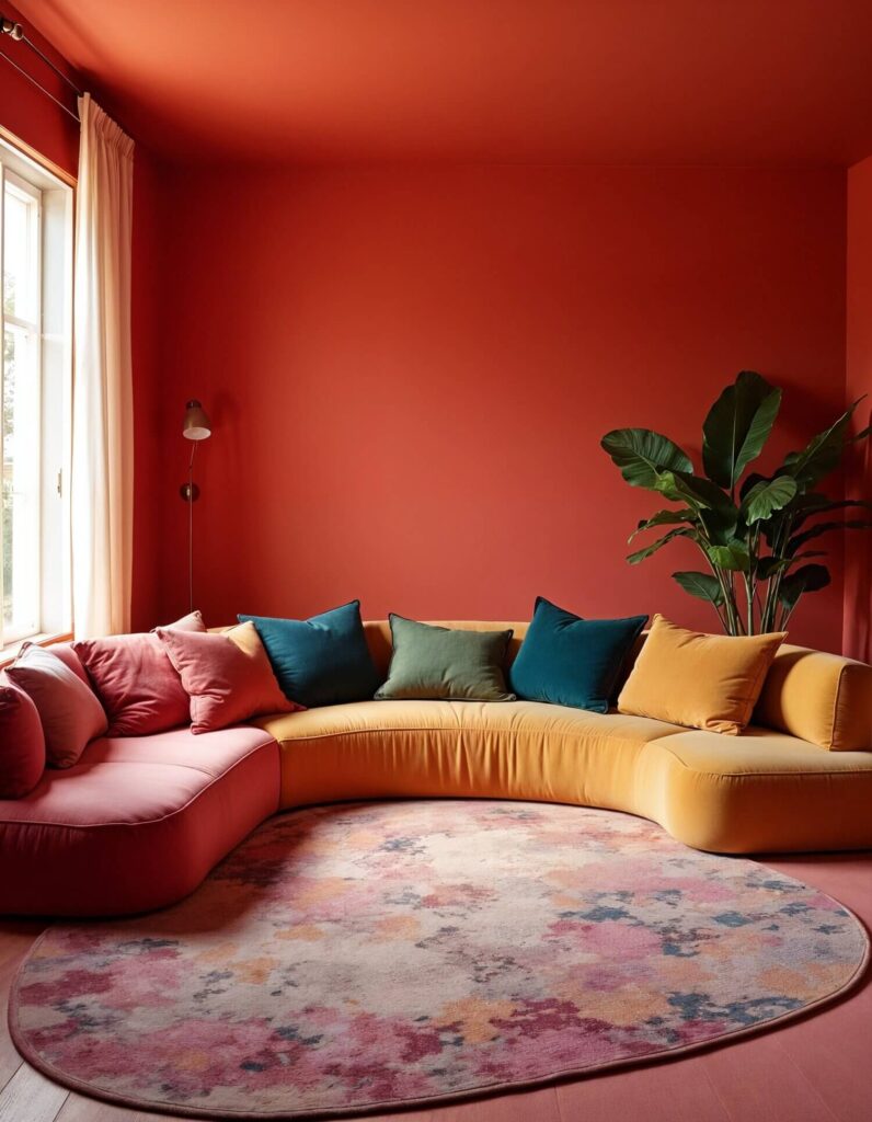 A cozy room with coral walls features a curved sofa in shades of pink and orange, adorned with colorful pillows. A leafy plant and abstract rug add vibrancy. The design feels maximalist.