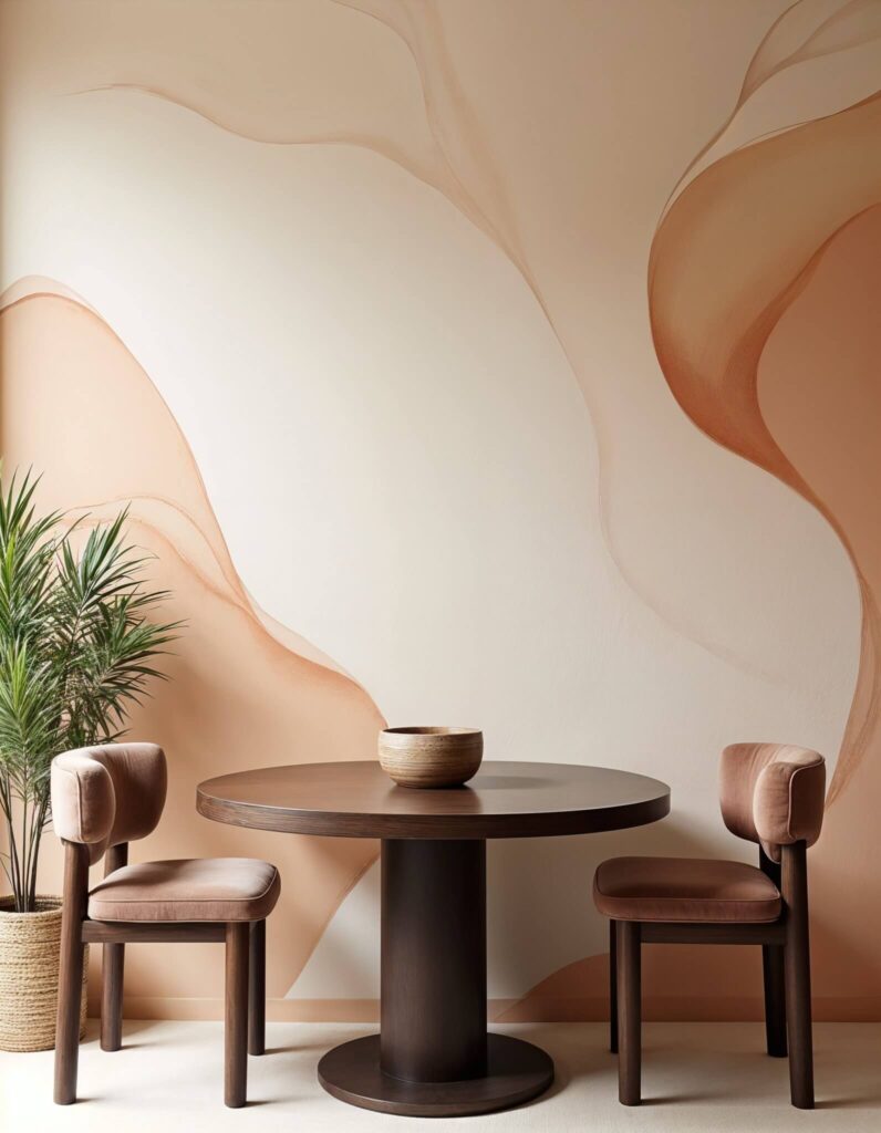 Round wooden table with a decorative bowl, flanked by two plush chairs. A leafy plant sits beside them. The wall features stunning dining room wall design with soft, flowing beige and peach tones.