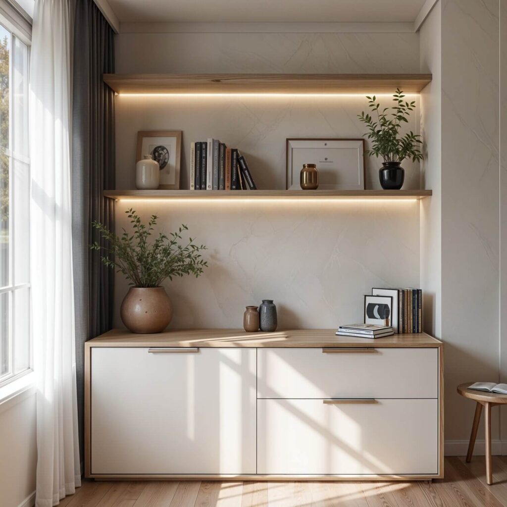 A modern living space features lighted wooden shelves with books, framed art, and plants. Below, a cabinet and soft sunlight create a serene ambiance.