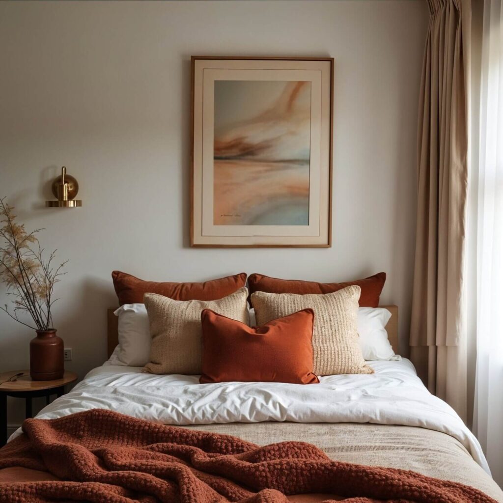 Cozy bedroom showcasing small apartment interior decor with a warm, neutral palette. Bed features rust and beige pillows, rust blanket, and is framed by soft curtains. Abstract art and decorative vase add elegance.