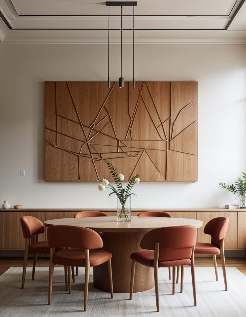 Modern dining room with a round wooden table, six rust-colored chairs, and a geometric wood wall art. A vase with flowers adds elegance. Neutral tones.