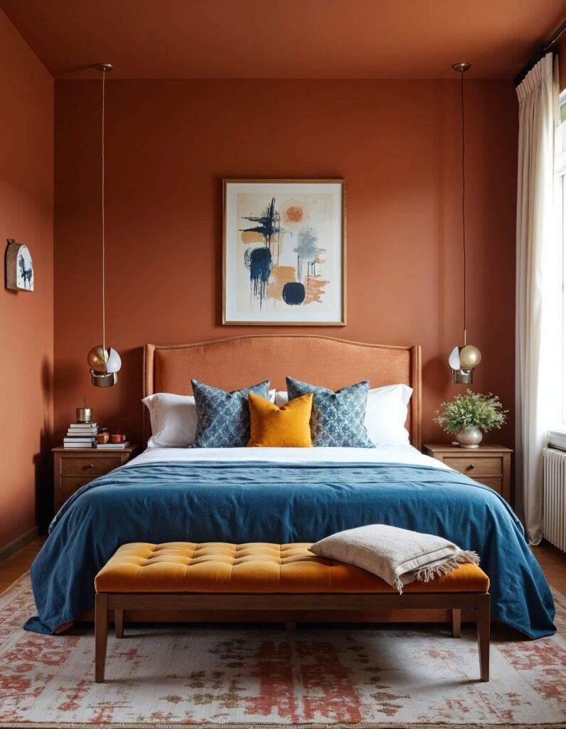 A cozy bedroom showcasing eclectic maximalism design with warm terracotta walls, a bed featuring a blue bedspread, a blue and orange pillows, flanked by pendant lights. An abstract painting hangs above, exuding calm elegance.