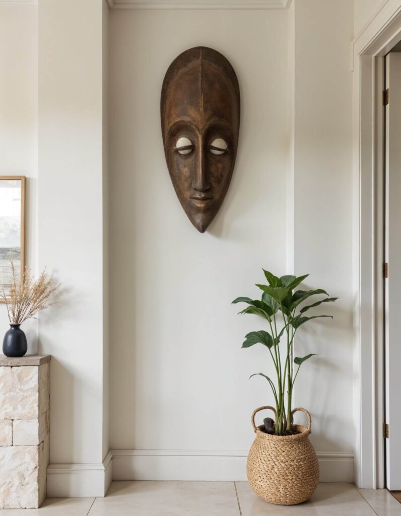 A large African wooden mask with serene expression is mounted on a white wall. Below, a woven basket holds a green plant. The setting is calm and minimalist.