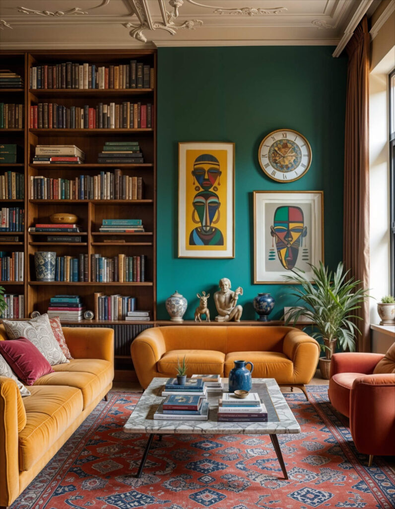 A cozy living room showcasing eclectic maximalism design with teal walls features two orange sofas around a marble coffee table. A large bookshelf, colorful art, and a patterned rug add warmth.