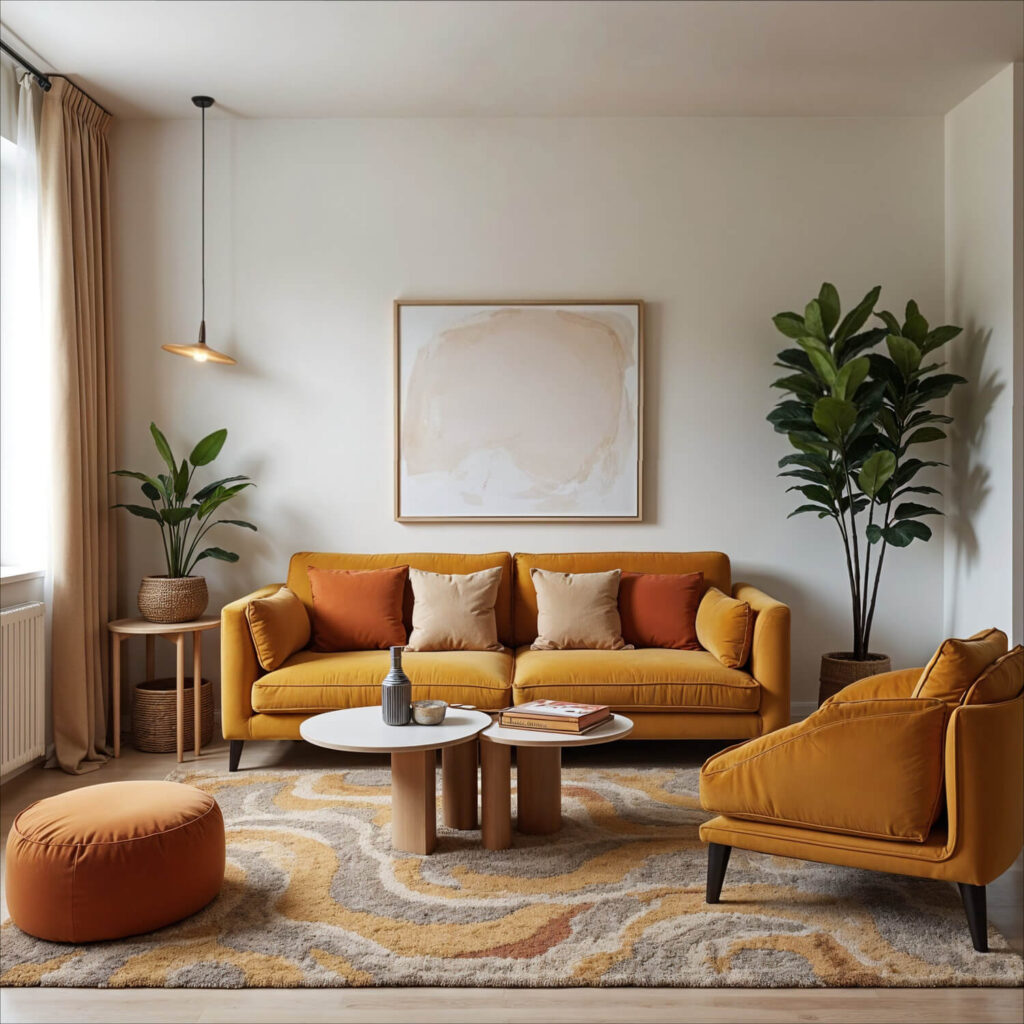 A cozy living room with a mustard-yellow sofa and armchair, decorated with rust and beige pillows. A soft abstract rug and plants create a warm, inviting atmosphere.