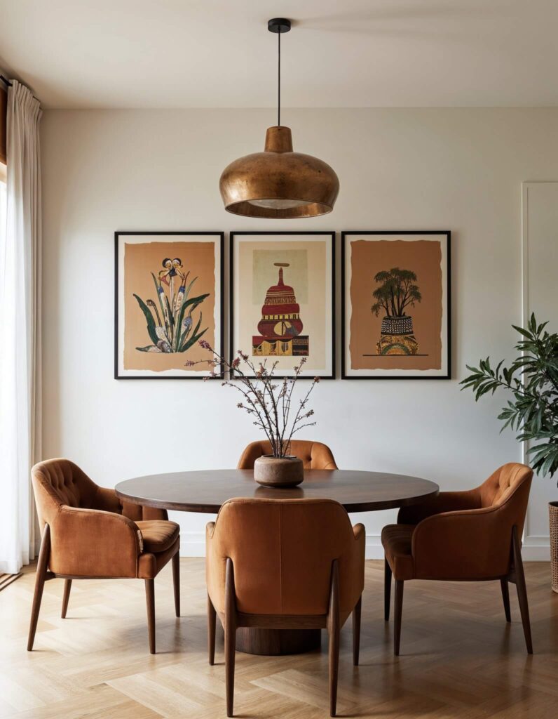 Sophisticated dining room with a round wooden table, surrounded by four brown upholstered chairs. Three botanical art pieces hang on the wall.