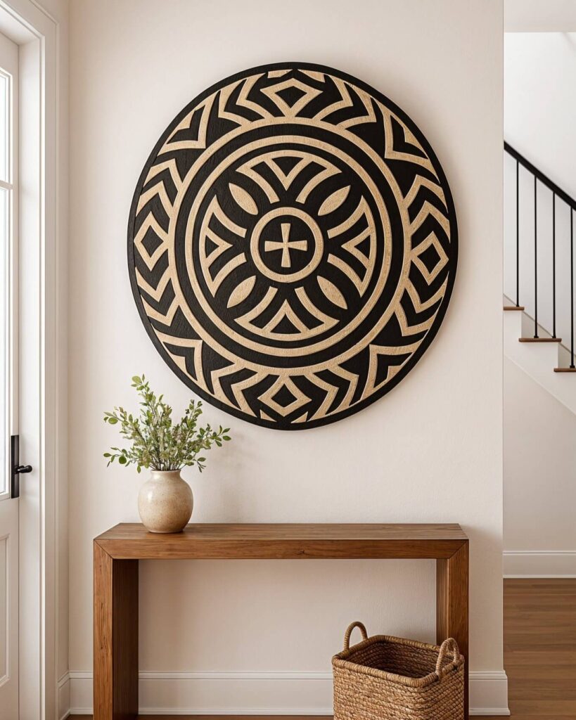 A round, black-and-beige geometric African wall art shield hangs above a minimalist wooden console table with a vase of greenery. A wicker basket sits below, conveying a serene and stylish setting.