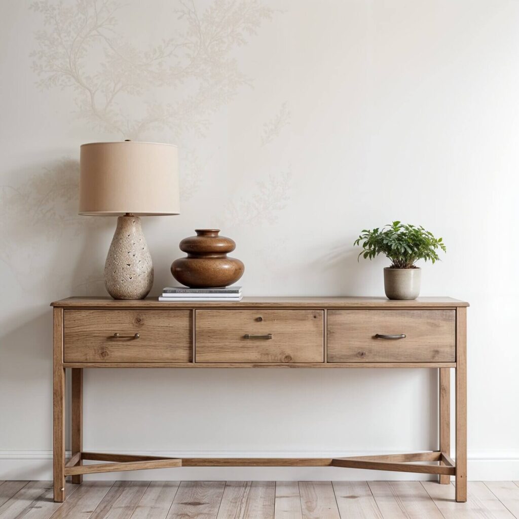 A wooden console table against a white wall with delicate leaf patterns. It holds a beige lamp, stacked books, wooden decor, and a small potted plant.