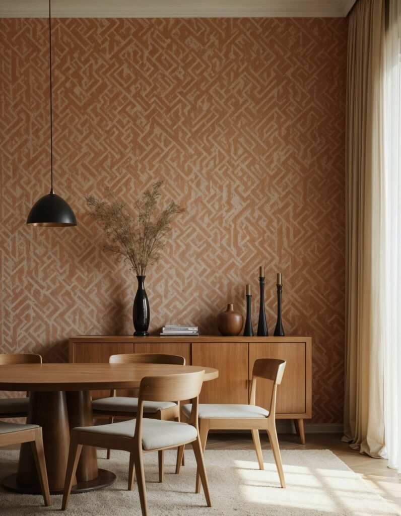 Stylish dining room wall design with a textured terracotta wall, round wooden table, four chairs, black pendant light, and sideboard with vases, exuding warmth.