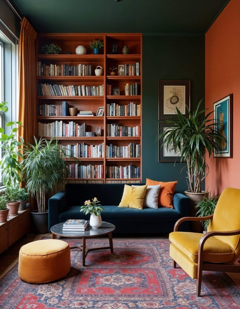 Cozy maximalist living room with a large bookshelf filled with books, a dark blue sofa, vibrant pillows, lush plants, a patterned rug, and mustard-yellow chair.