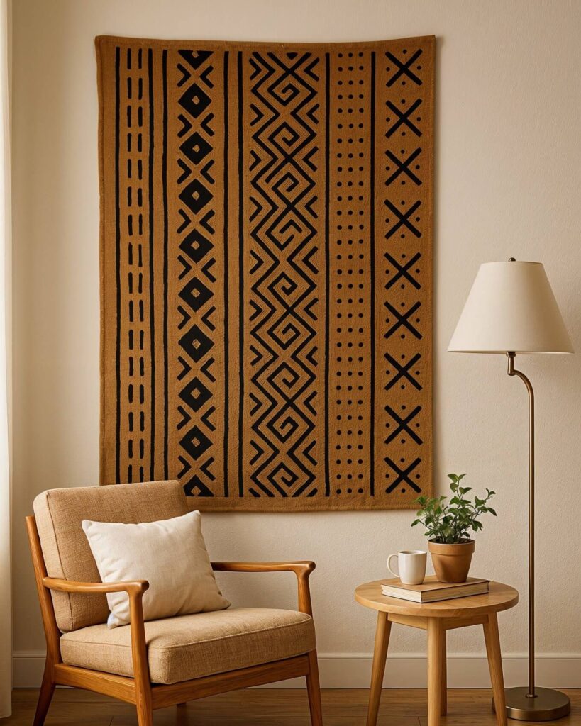 A cozy reading nook features a mud-cloth-inspired patterned tapestry with geometric designs on the wall, a beige armchair with a white pillow, a wooden side table with a plant, books, and a cup, and a floor lamp, creating a warm atmosphere.