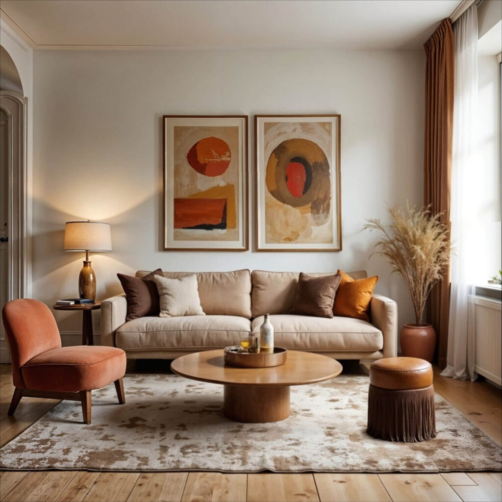 Cozy living room showcasing small apartment interior decor with beige sofa, abstract art, and warm hues. Orange chair, wood coffee table, pampas grass, and soft lighting create a welcoming feel.