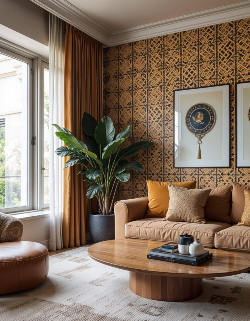 Elegant living room with a beige sofa adorned with patterned cushions, placed against a decorative wall with African wallpaper and art. A large potted plant and circular wooden table enhance the cozy ambiance. Neutral tones and soft textures create a calm, stylish atmosphere.