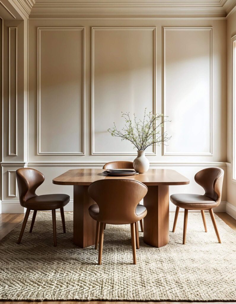 Elegant dining room with picture frame moldings, a wooden table and four brown upholstered chairs. A vase with branches adorns the table. Neutral walls and a textured rug create a serene atmosphere.