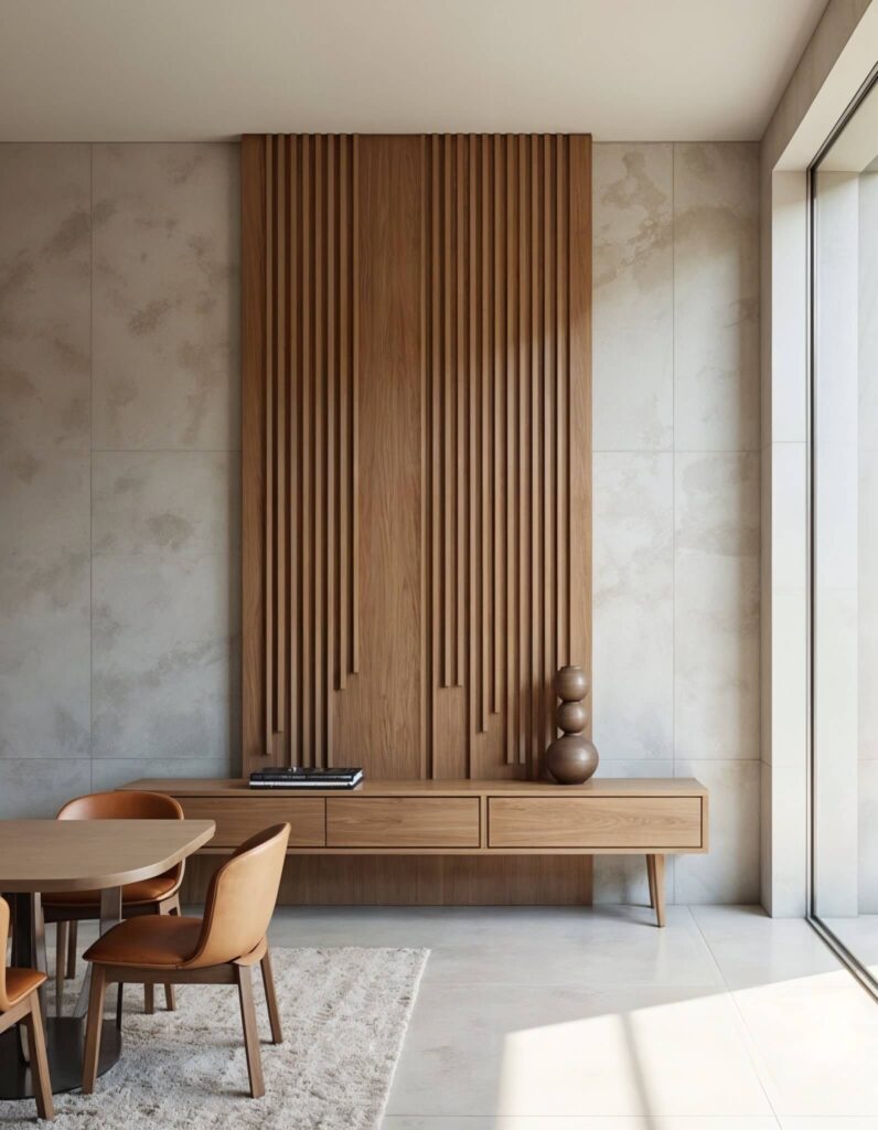 Modern interior with minimalist wood paneling and sideboard against a light stone wall. A round dining table and leather chairs are on a textured rug.
