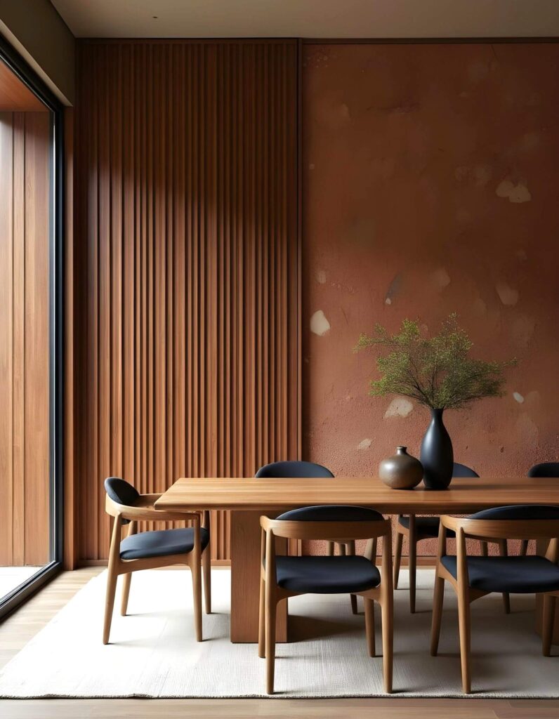 Minimalist dining room with a wooden table and chairs on a light rug. Stylish diningroom wall design with wood slats and wallpaper. Vase with greenery on table.