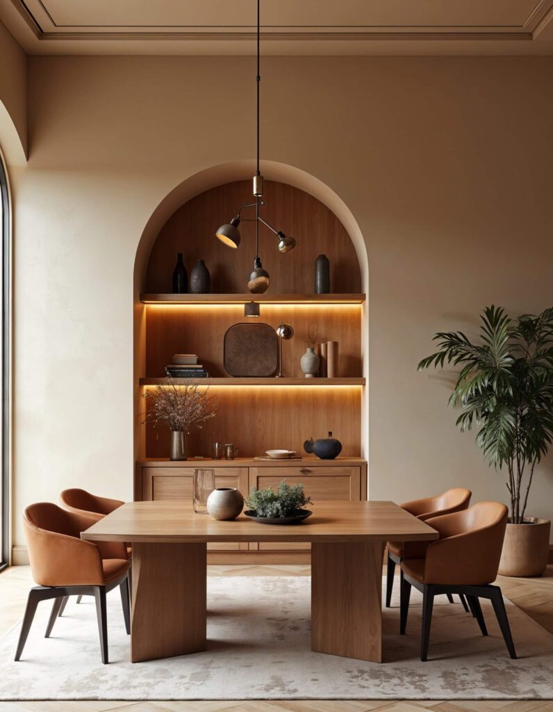 A stylish dining area with a wooden table, four leather chairs, and a decorative shelf with lit displays in a built-in arch. A minimalist pendant light and plant add elegance.